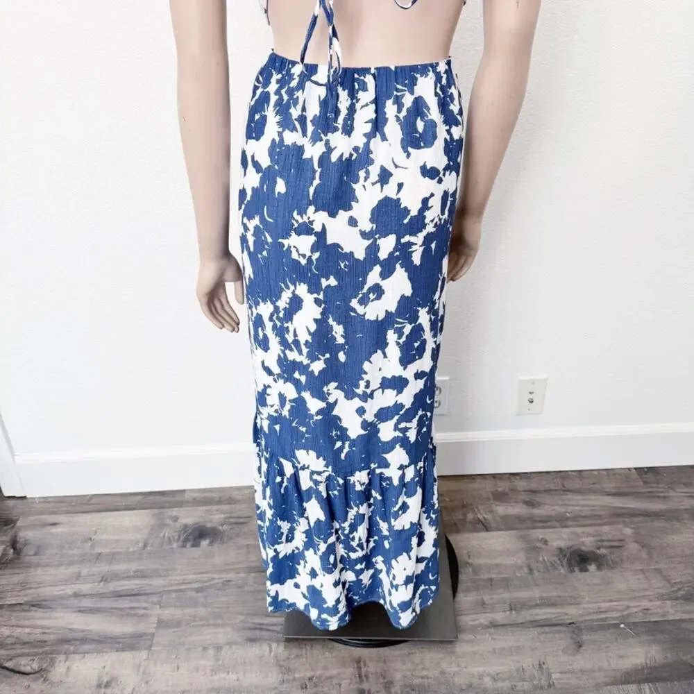 [Abercrombie & Fitch] Blue Crinkle Cutout High Neck Maxi Dress Pockets Size XLP